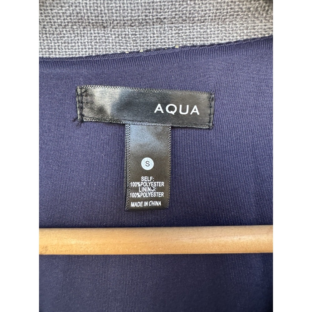 Aqua Metallic Puff Sleeve Mini Dress Small Navy Blue Gold Dot NYE Smocked - Picture 2 of 8